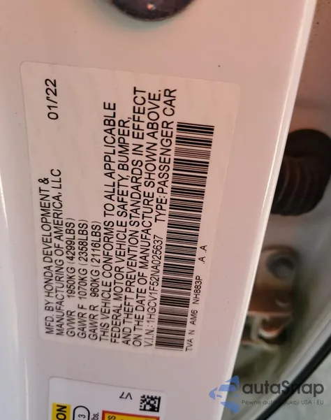 2022 Honda Accord Exl из США, поврежденный, VIN 1HGCV1F52NA025637